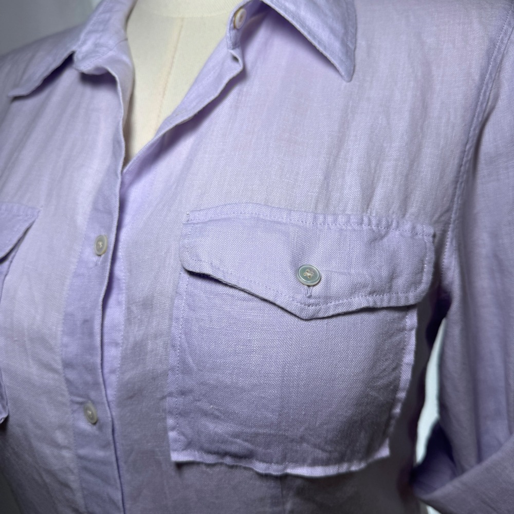 TALBOTS Pure Irish Linen Button Down Shirt Roll Tab Sleeve Light Purple Womens M - Picture 2 of 6